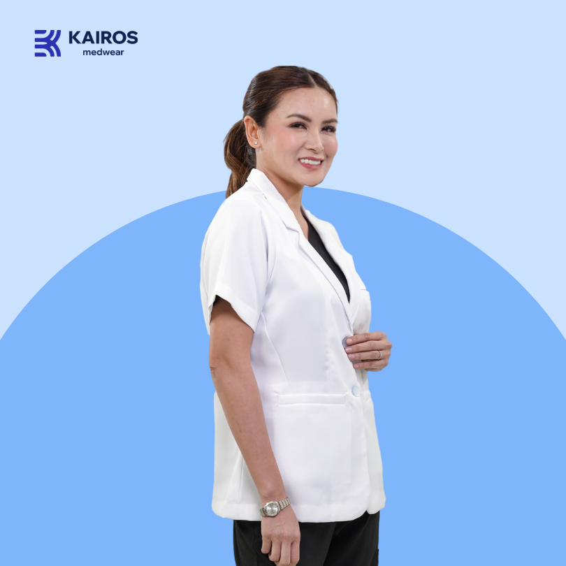 [NO EMBROIDERY] KAIROS Doctor's FEMALE WHITE COAT Short Sleeve Gabardine Fabric