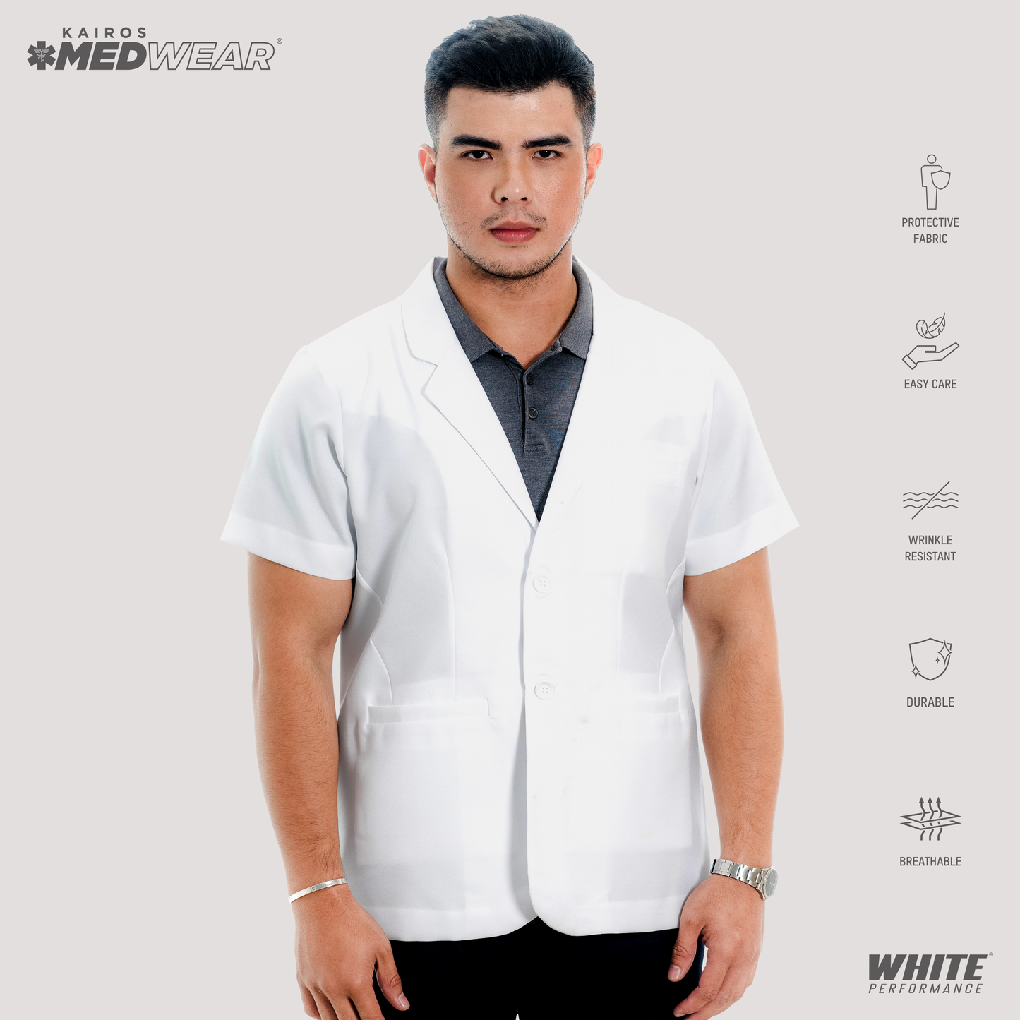 [NO EMBROIDERY] KAIROS Doctor's WHITE COAT UNISEX Short Sleeve Gabardine Fabric