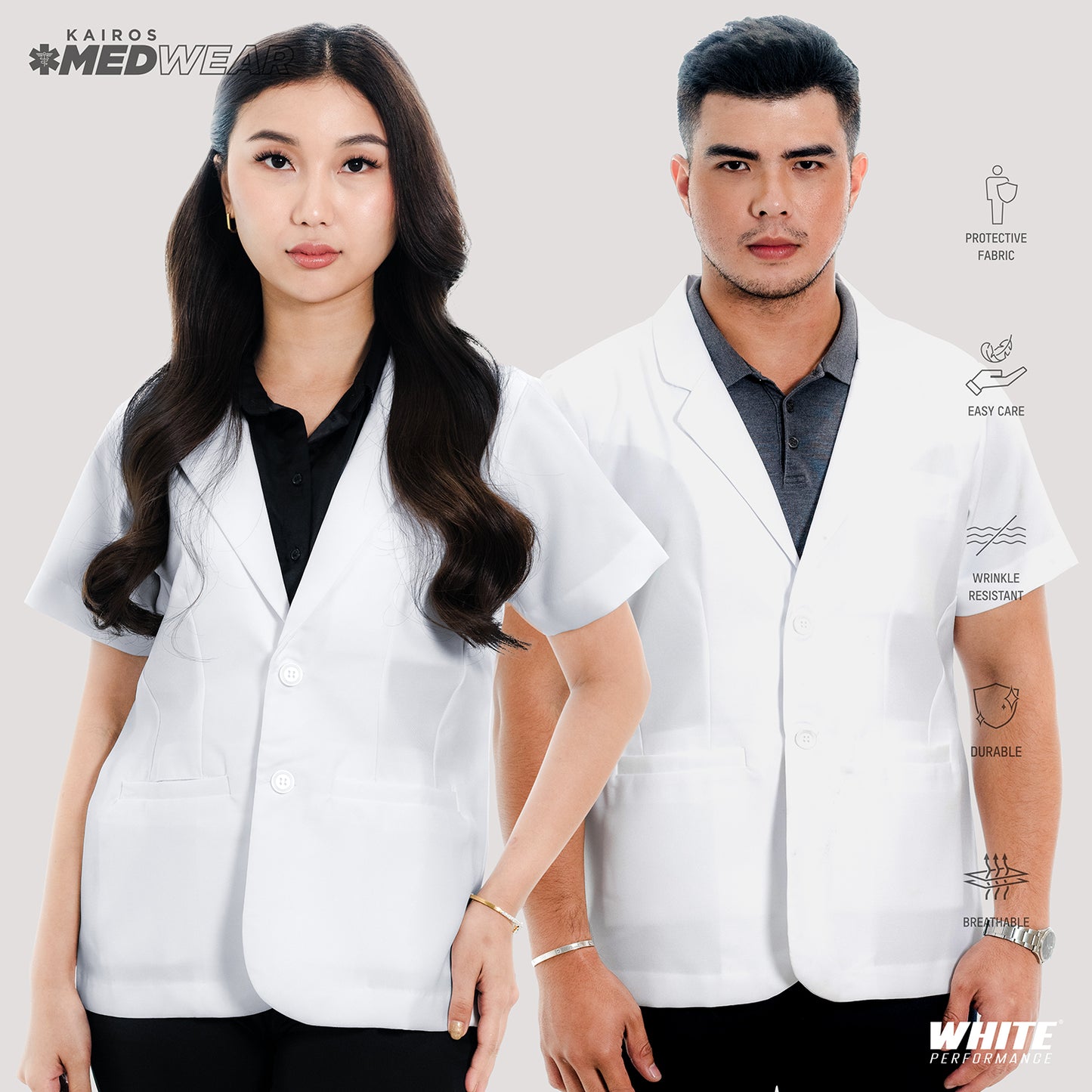 [NO EMBROIDERY] KAIROS Doctor's WHITE COAT UNISEX Short Sleeve Gabardine Fabric